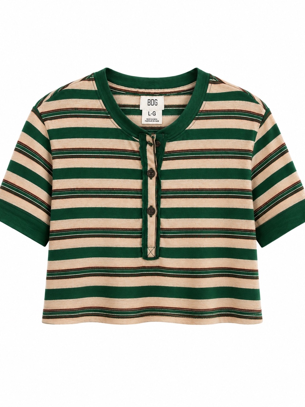 BDG Urban Outfitters Harvey Striped Henley Tee Green Cream Size L Cotton